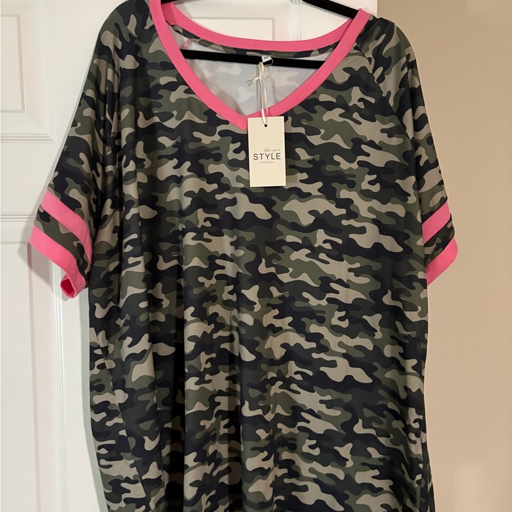 Camo V-Neck Tunic with Pink Trim